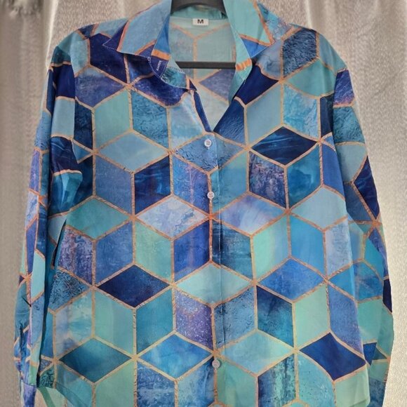 Vibrant blue, seafoam green and gold, silky blouse, size "M". - Picture 1 of 4